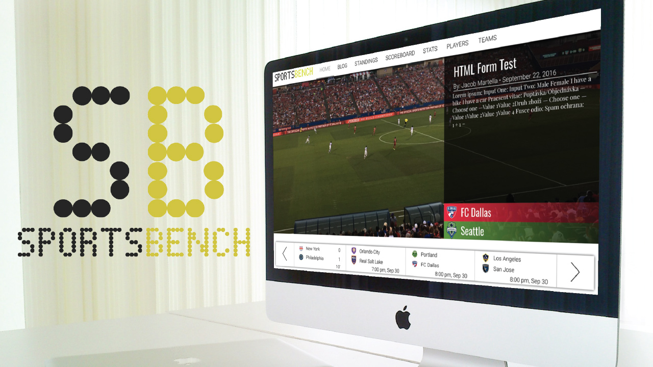 Sports Bench logo next to an iMac screen with the Sports Bench homepage