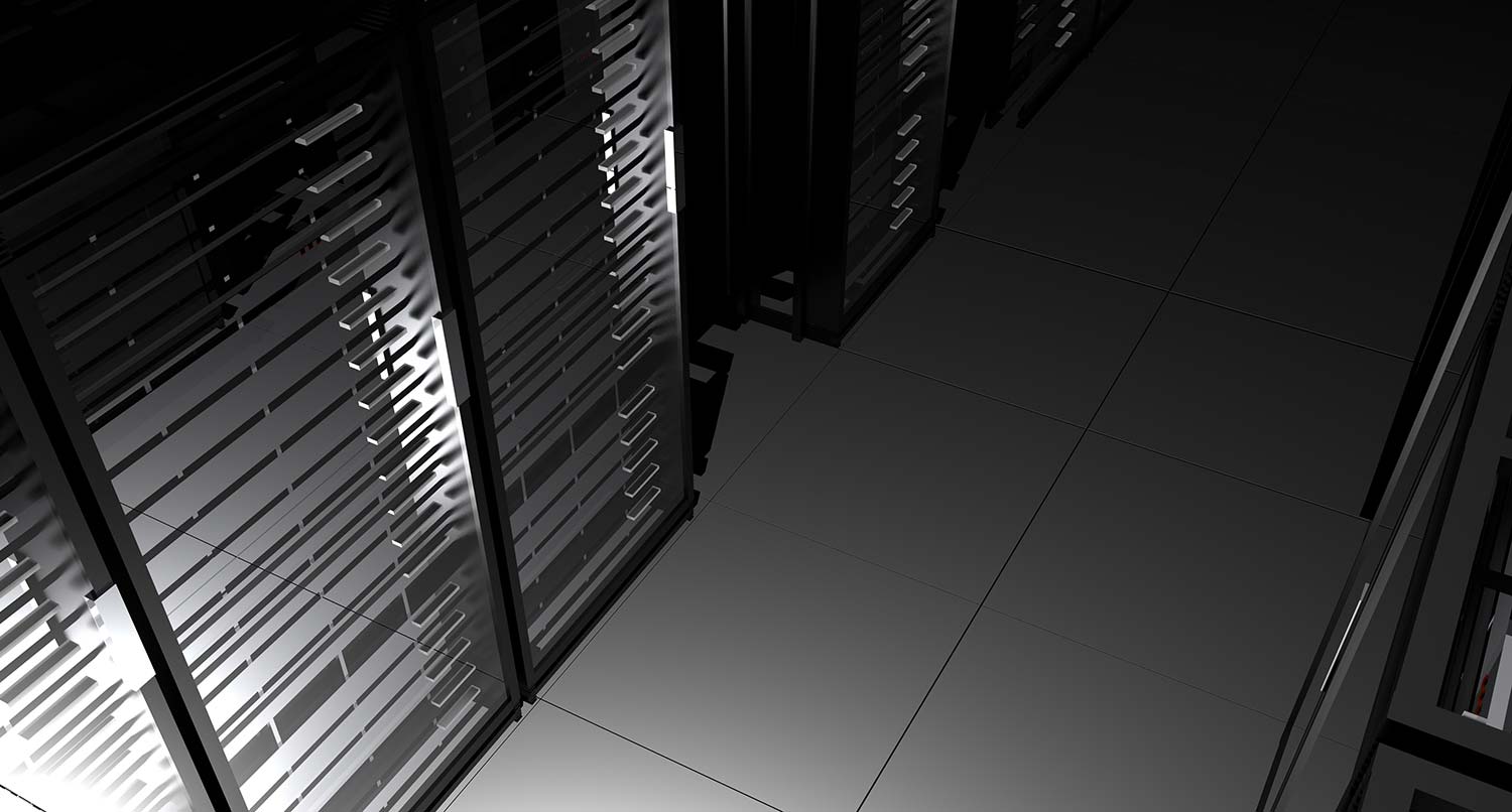 Black and white shot of web hosting servers