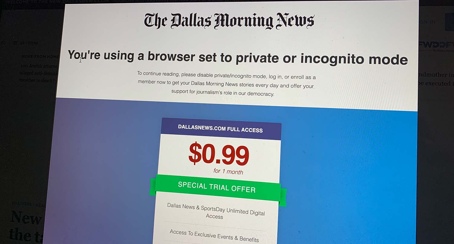 A pop up on the Dallas Morning News website