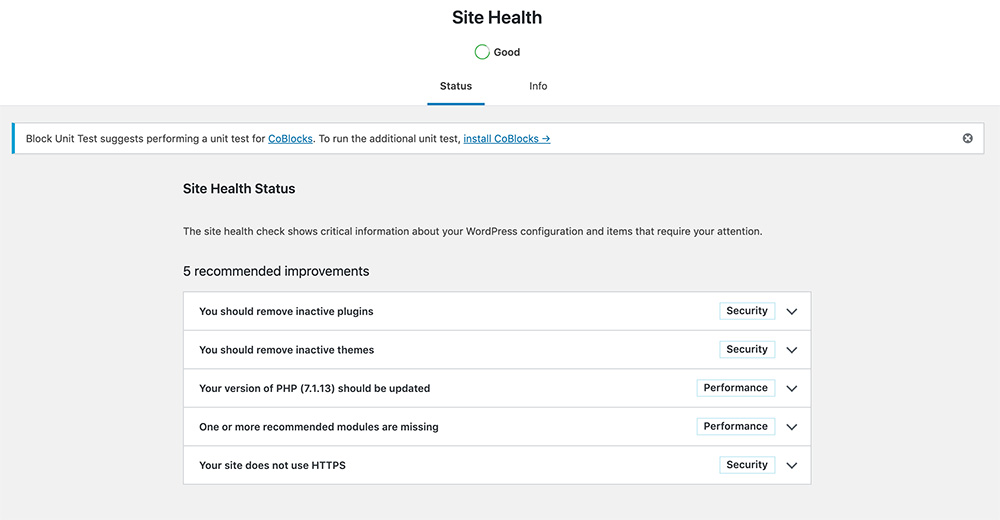 The new site health page in WordPress 5.3