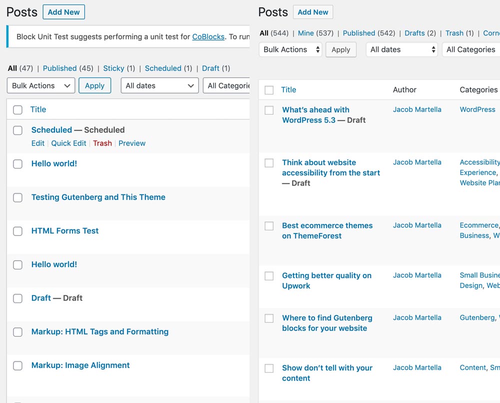 A comparison between the designs of the Posts WordPress admin page between version 5.2 and 5.3