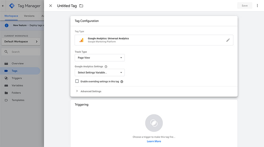 Google Tag Manager screen to create a new tag.