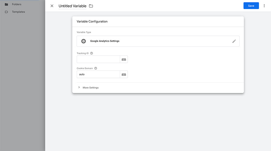 Google Tag Manager screen to create a new variable.