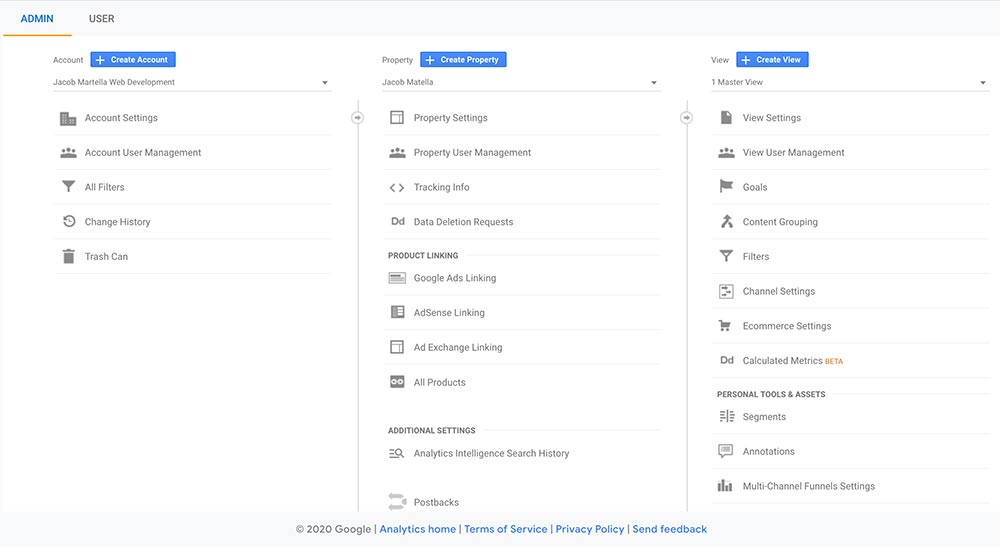 Screenshot of the admin screen in Google Analytics