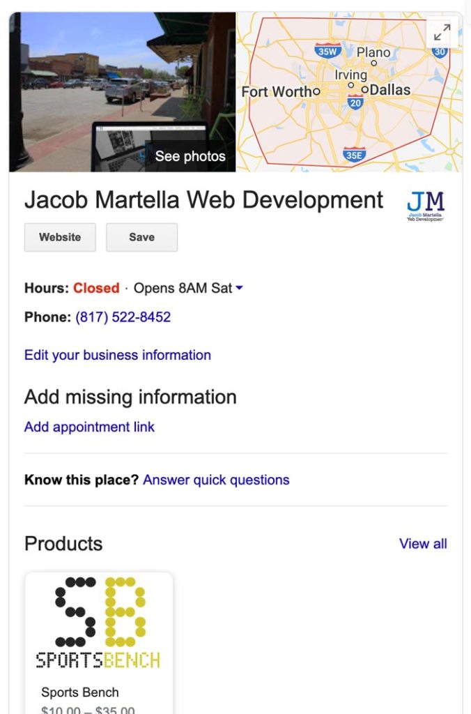 A business listing in a Google search