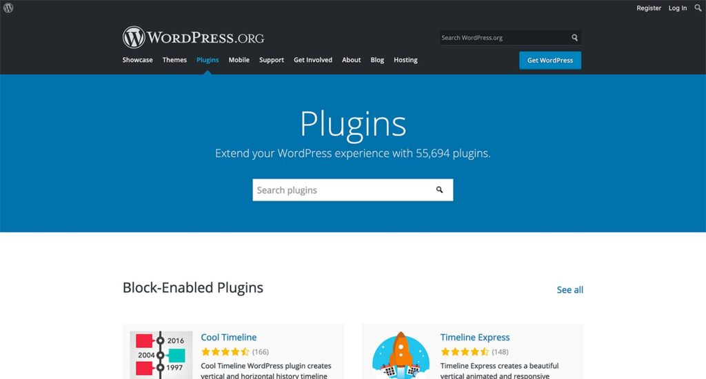Screenshot of the WordPress plugins homepage