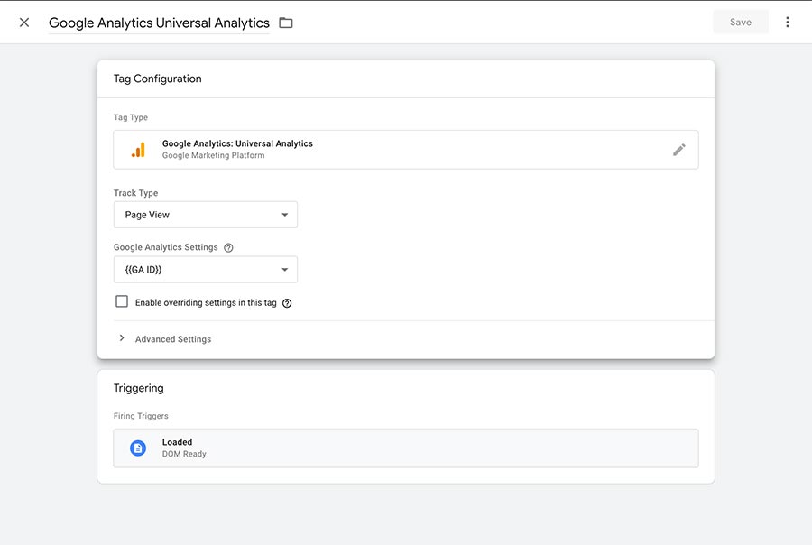 Screenshot of the Google Analytics tag settings in Google Tag Manager