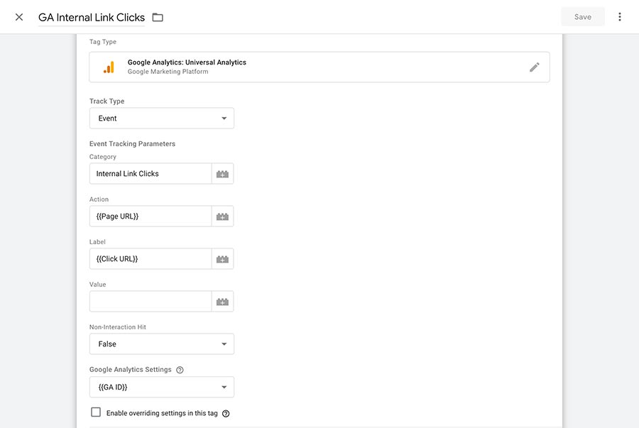 Screenshot of the internal link tracking tag settings in Google Tag Manager