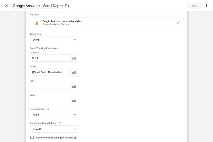 Screenshot of the scroll depth tracking tag settings in Google Tag Manager