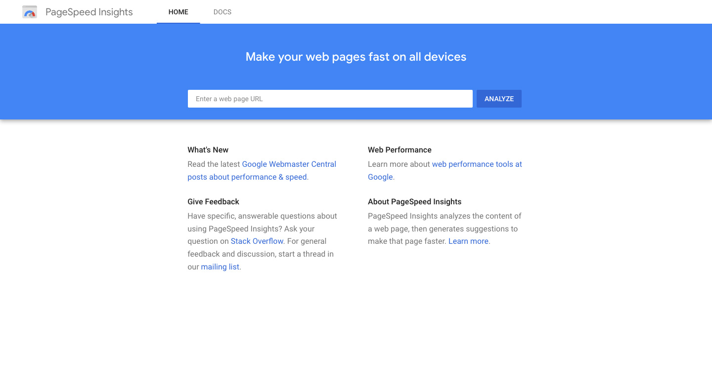 Screenshot of the Google PageSpeed Insights homepage