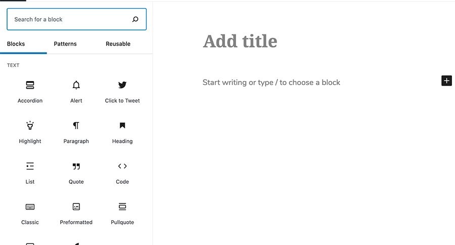 screenshot of the expanded add new block sidebar