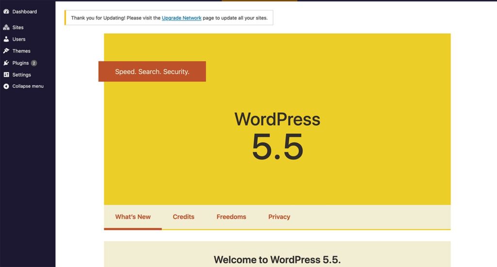 Screenshot of the WordPress 5.5 welcome screen