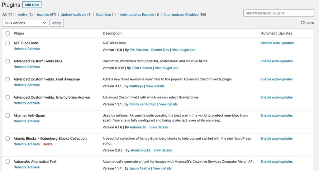 Screenshot of the plugins scree in WordPress with the auto updates column