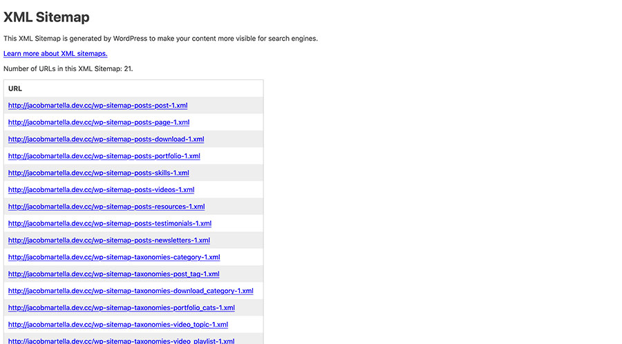 Screenshot of the new XML sitemap in WordPress