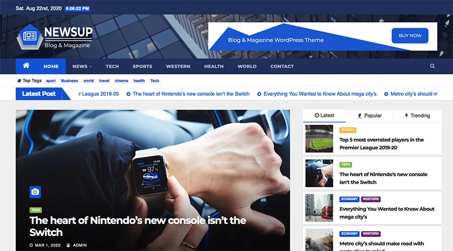 Screenshot of the homepage for the Newsup WordPress theme