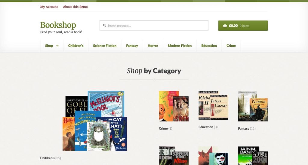 Screenshot of the homepage of the Bookshop WooCommerce theme