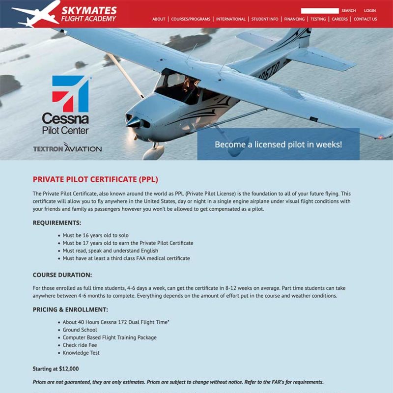 Screenshot of the Private Pilot Certificate page for Skymates