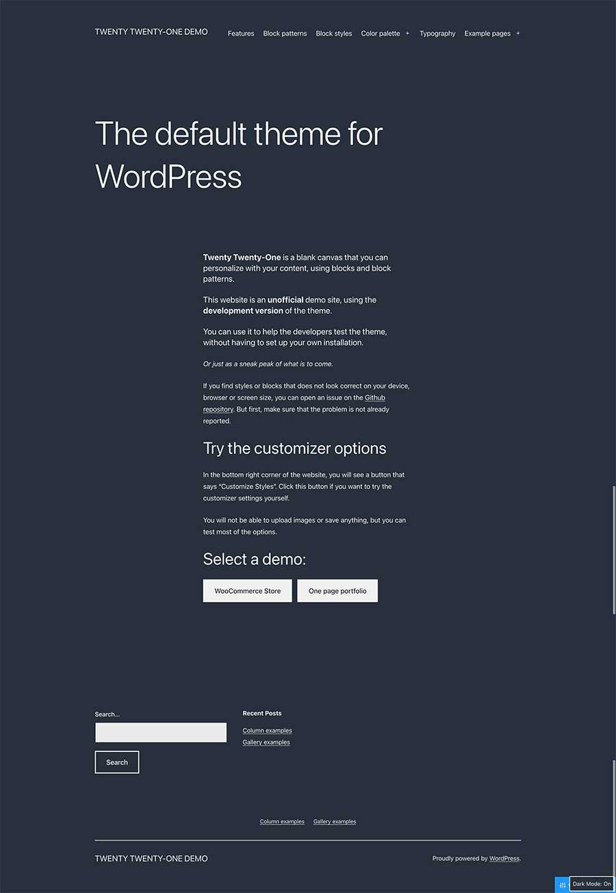 Screenshot of the new Twenty Twenty One default theme for WordPress in dark mode.