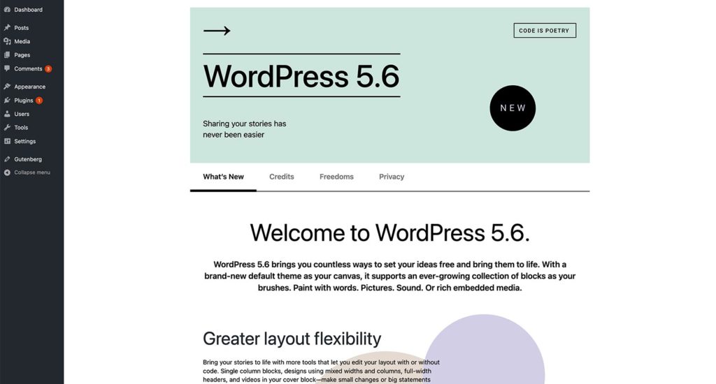 Screenshot of the WordPress 5.6 about page