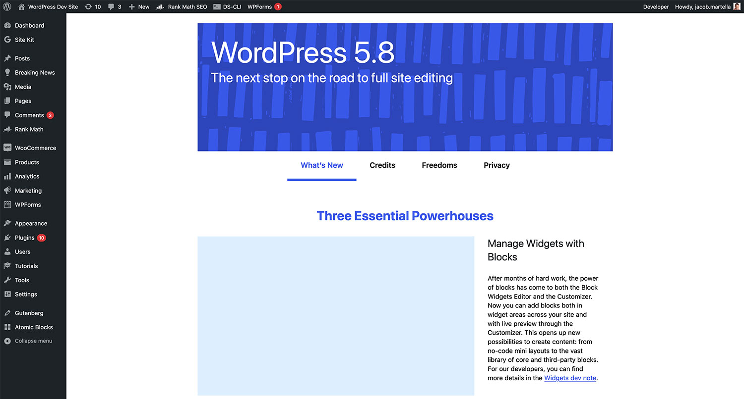 Screenshot of the WordPress 5.8 about screen