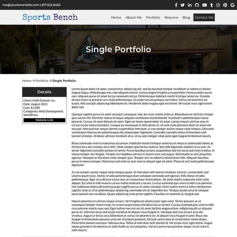 Screenshot of the design for the single portfolio template for the Portafoglio Theme