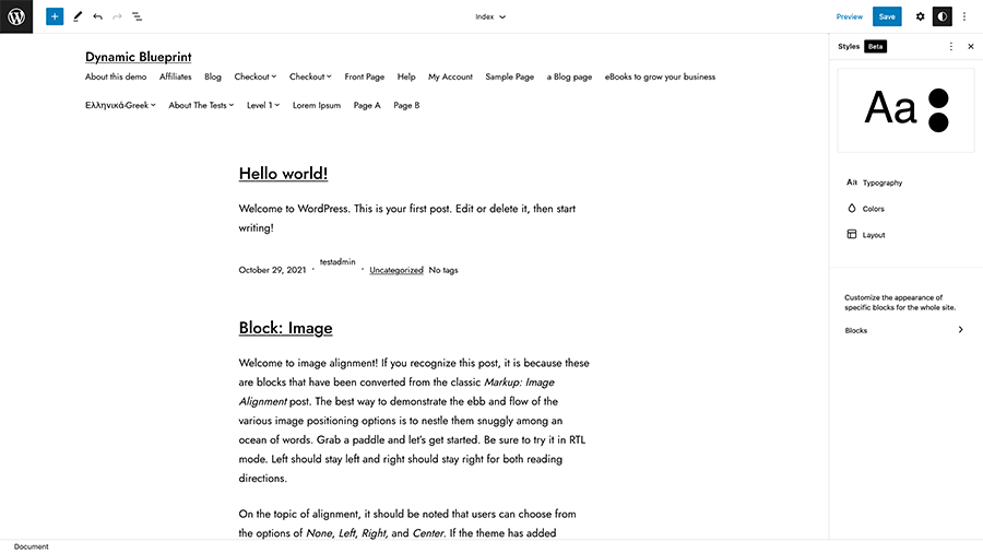 Screenshot of the site editor with the global styles panel open