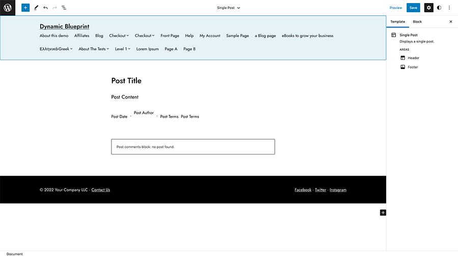 Screenshot of the single post template editor