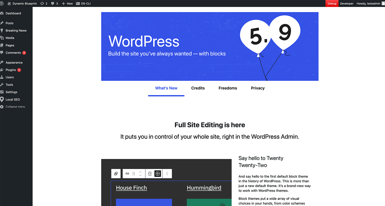 Screenshot of the WordPress 5.9 about page in the dashboard area