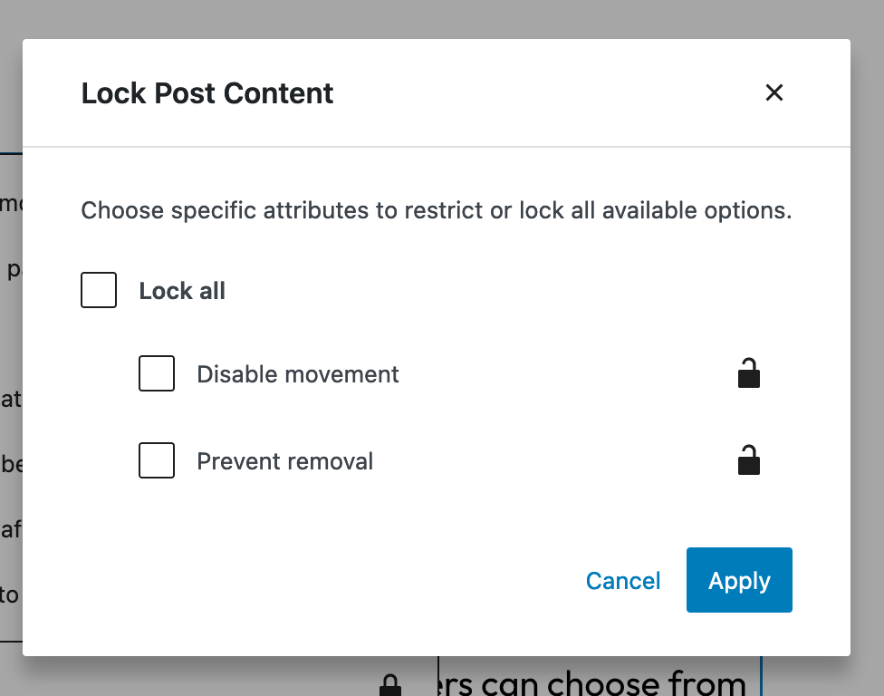 Screenshot of the lock block modal in the block editor