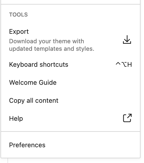 Screenshot of the theme export section of the site editor