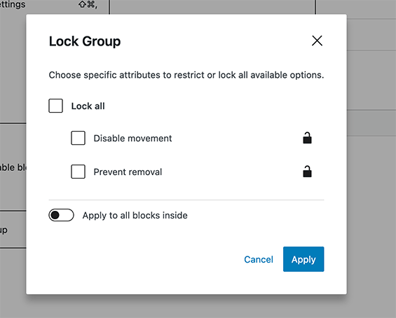 Screenshot of the new lock group modal in WordPress 6.1