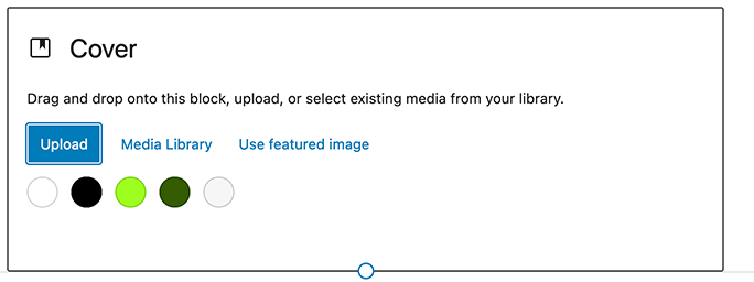 Screenshot of the cover block options panel with "Use featured image" as an option
