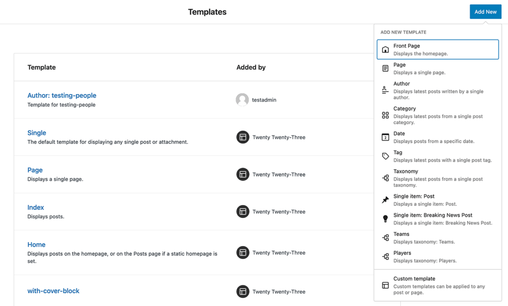 Screenshot of the template editor in WordPress 6.1 with the "Add New Template" dropdown displayed