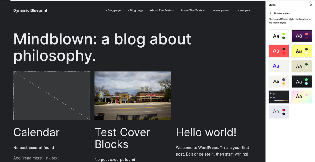 Screenshot of the homepage editor in WordPress 6.1 with the Twenty Twenty-Three theme and a black and white style variation selected