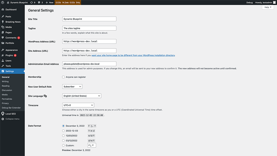 A screenshot of the general options screen in WordPress.