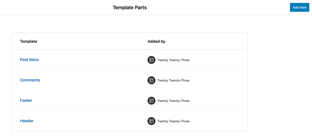Screenshot of the template parts area of the WordPress full site editor