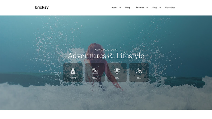 Screenshot of the homepage for the Bricksy WordPress theme