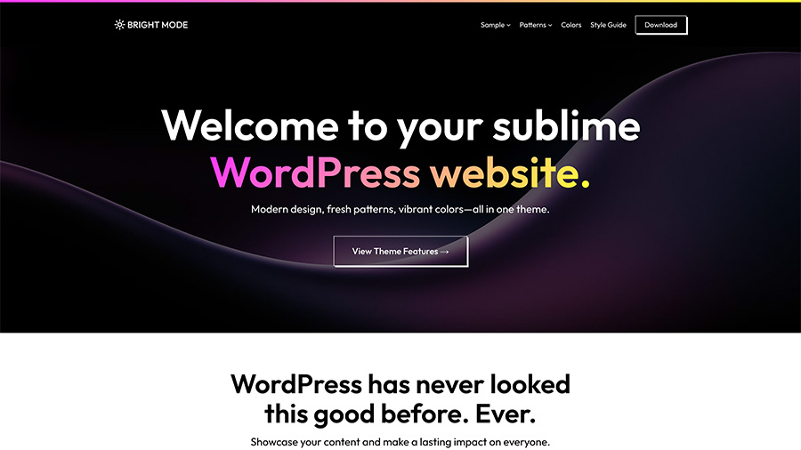 Screenshot of the homepage for the Bright Mode WordPress theme
