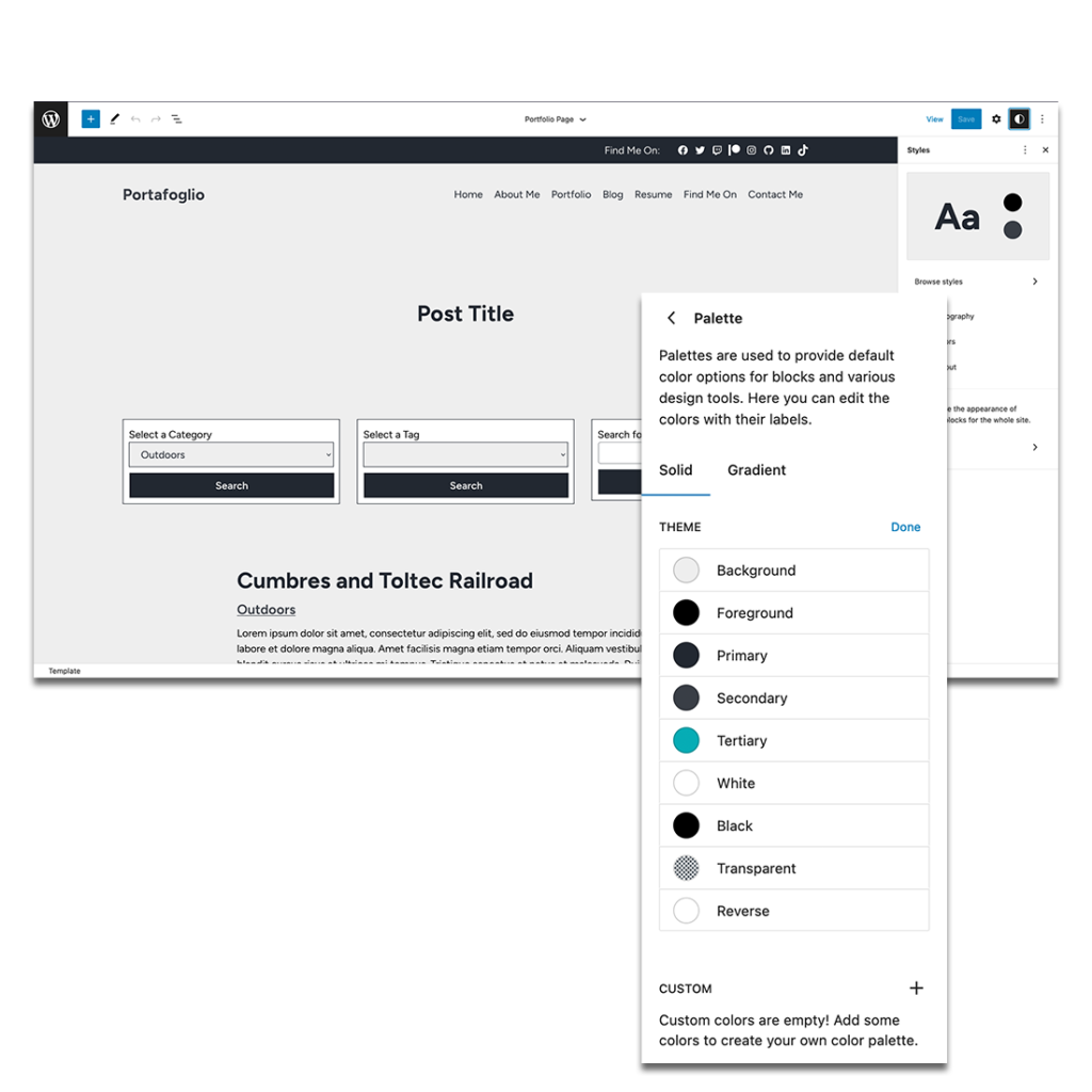 Screenshots of the site editor and the edit colors section for the Portafoglio WordPress theme