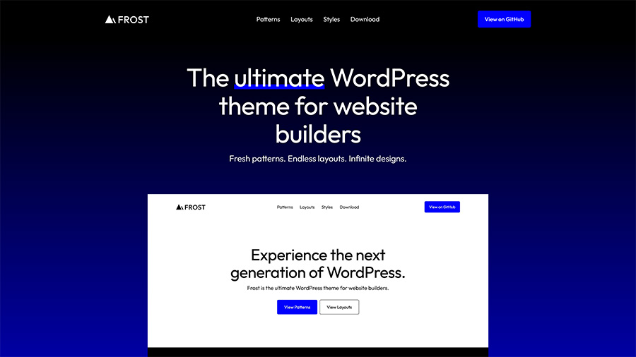 Screenshot of the homepage for the Frost WordPress theme