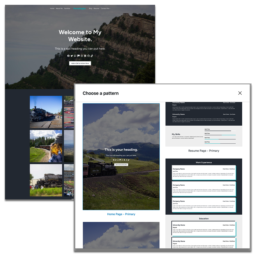 Screenshots of the homepage template and page pattern modal for the Portafoglio WordPress theme