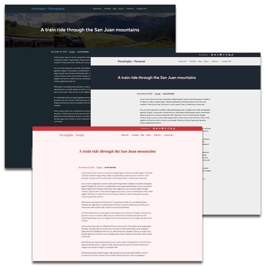 Screenshots of the blog page and single post templates with various theme variations for the Portafoglio WordPress theme