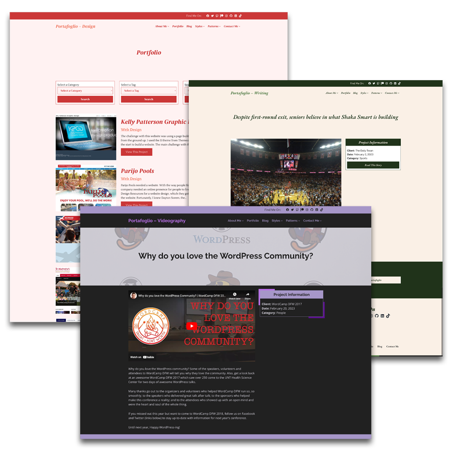 Screenshots of the portfolio page template and single portfolio templates with various theme variations for the Portafoglio WordPress theme