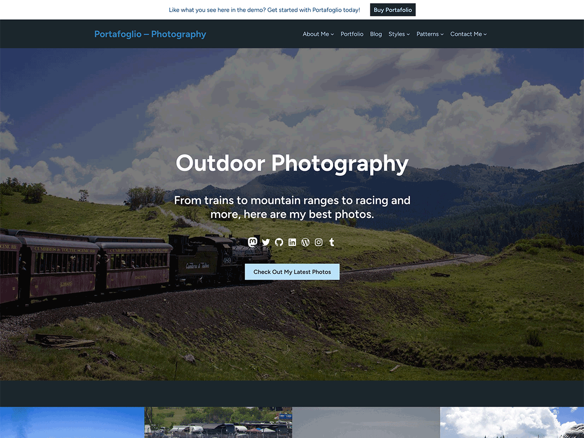 Screenshot of the homepage for the photography demo site for the Portafoglio WordPress