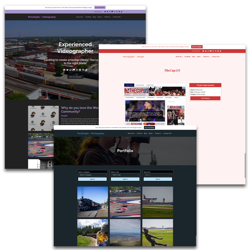 Three screenshots from the Portafoglio WordPress theme