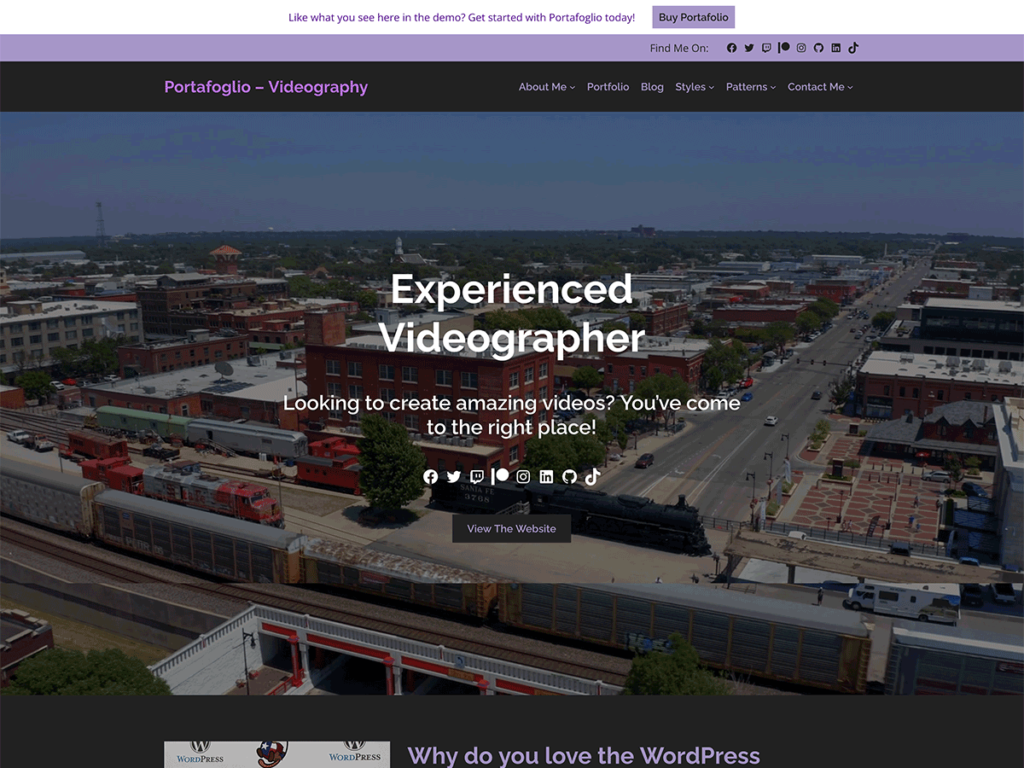 Screenshot of the homepage for the video demo site for the Portafoglio WordPress
