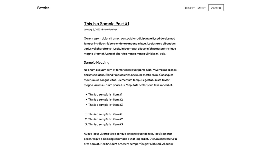 Screenshot of the homepage for the Powder WordPress theme