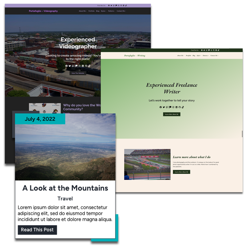 Screenshot of two homepage templates and a blog post for the Portafoglio WordPress