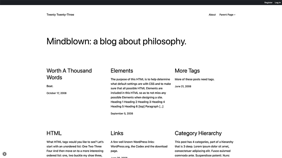 Screenshot of the homepage for the TwentyTwenty Three WordPress theme