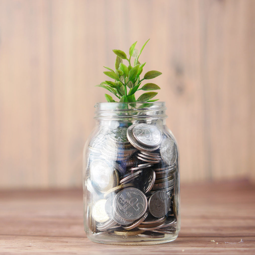 A jar full of change with a small plant growing out the top